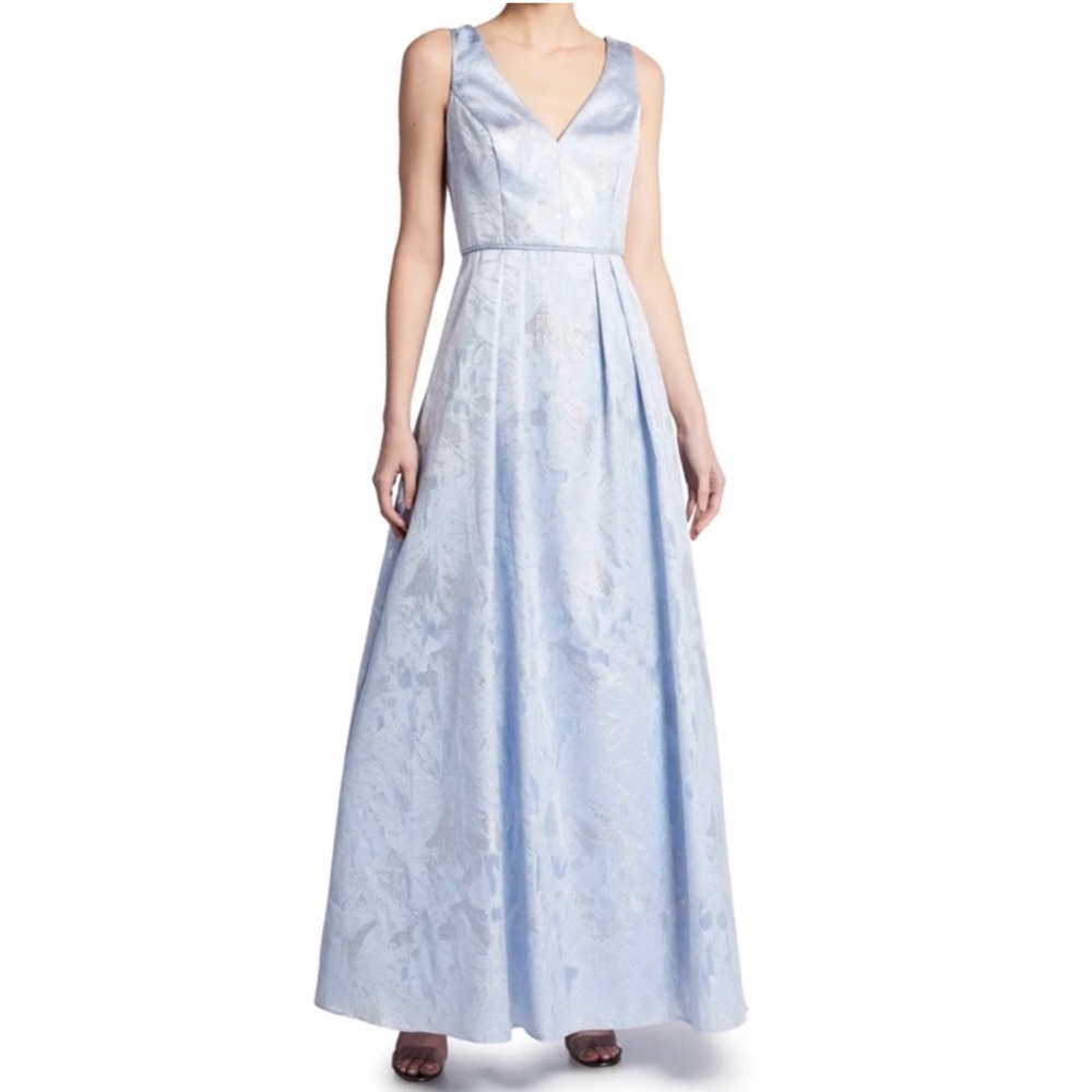 AIDAN MATTOX A-Line Floral Jacquard Metallic Tulle Sleeveless Gown, Light Blue